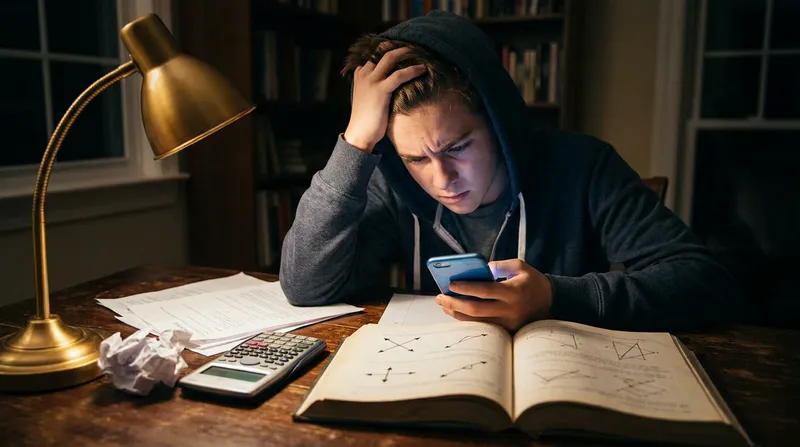 Frustrated high school student struggling with physics homework at a cluttered desk, looking at a smartphone.