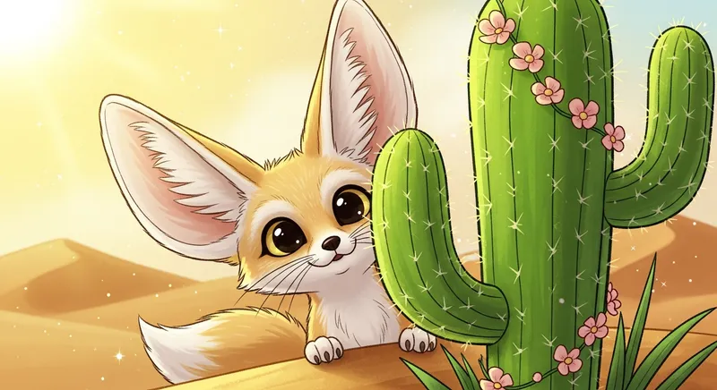 A cute fennec fox peeking from behind a flowering cactus in a sun-drenched desert.