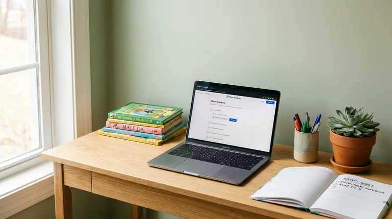 An organized and inviting study space with a light wooden desk, open laptop, colorful children's books, and an open planner, showing an ideal distraction-free homework environment.