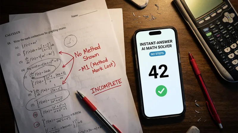 A graded calculus exam marked with red ink for missing method steps, lying beside a smartphone displaying an instant-answer AI solver with no intermediate working.