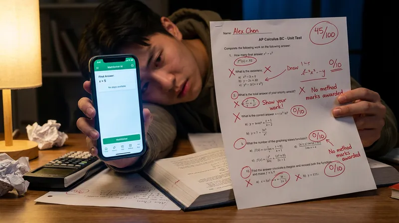 A frustrated student comparing an instant-answer AI math app on a phone to a graded calculus exam marked down for missing method marks.