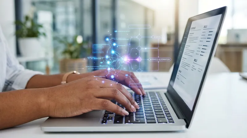 Hands typing on a laptop displaying an AI skills resume in 2026 with agentic workflow and automation keywords highlighted.