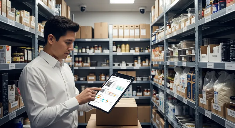 A restaurant manager uses a tablet to scan QR codes on supplies in a professionally organized stockroom with a security camera, illustrating digital inventory management and loss prevention.