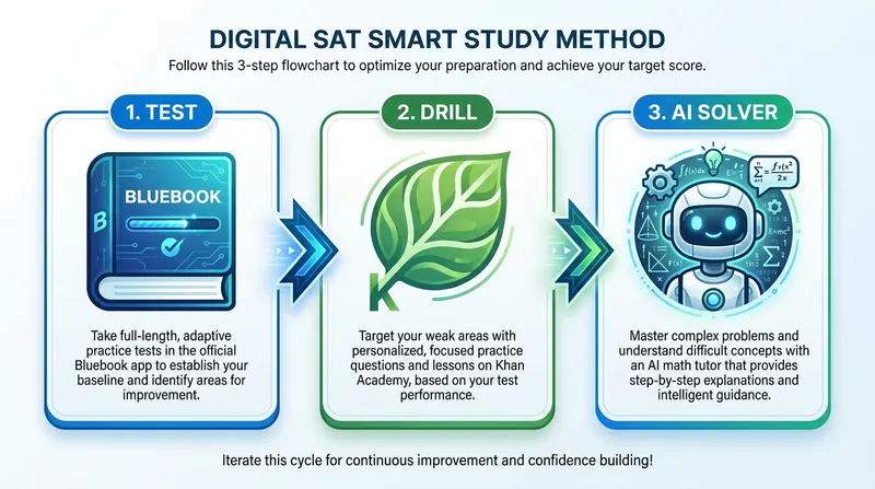 A workflow diagram showing the three core tools of the Digital SAT study method: Step 1 TEST with the Bluebook app icon, Step 2 DRILL with the Khan Academy logo, and Step 3 AI SOLVER with an AI math tutor icon.