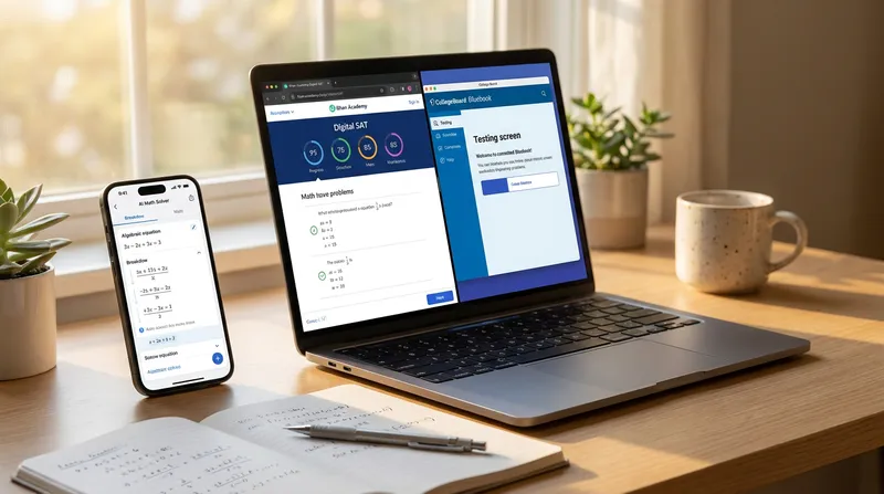 A modern study desk featuring a laptop showing a split-screen of Khan Academy Digital SAT prep and the College Board Bluebook app, next to a smartphone displaying an AI math solver app and an open notebook with handwritten math formulas.