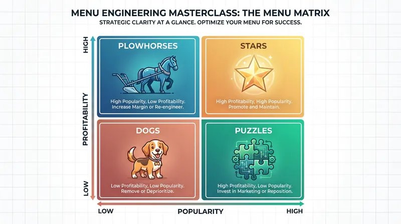 Infographic of the Menu Matrix with Stars, Plowhorses, Puzzles, and Dogs quadrants.