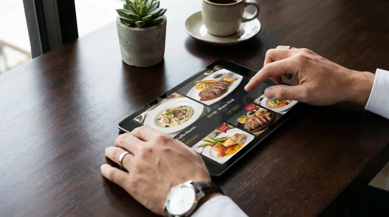 Restaurant owner using a POS tablet to manage their digital menu.
