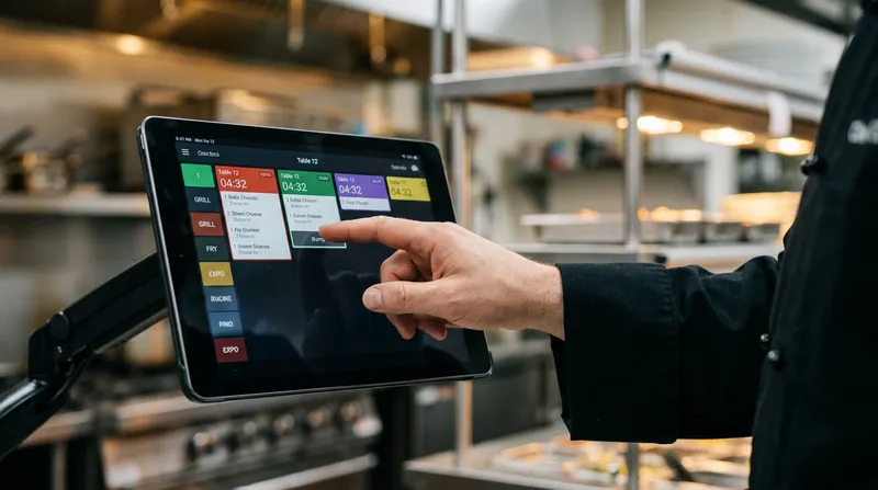 A chef's hand tapping a digital bump bar on a colour-coded Kitchen Display System (KDS) iPad screen, demonstrating efficient order routing and timing in a commercial kitchen.