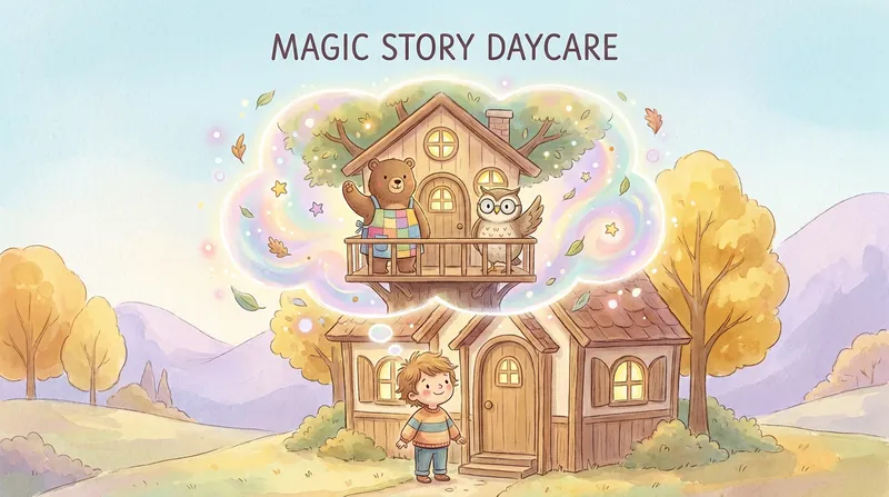 A heartwarming illustration of a smiling child at a daycare entrance, imagining their classroom as a magical adventure world to ease drop-off anxiety.