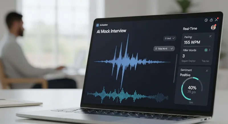 An over-the-shoulder shot of a laptop screen displaying a sophisticated AI interview dashboard with real-time metrics for pacing, filler words, and sentiment analysis in a professional home office.