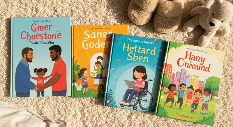 Flat-lay of modern, inclusive children's picture books on a plush rug, featuring covers with same-sex parents and a child in a wheelchair, styled with cozy slippers and a stuffed animal.