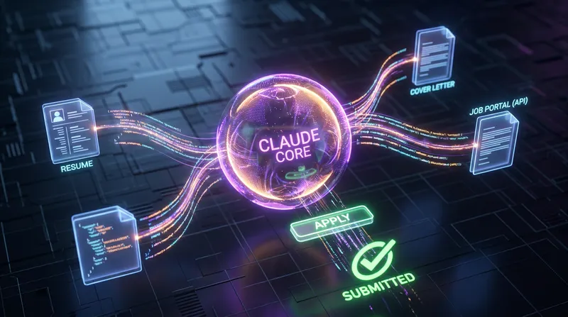 A glowing holographic AI assistant automating job applications, with neon data streams connecting digital resumes and a green "Submitted" checkmark.
