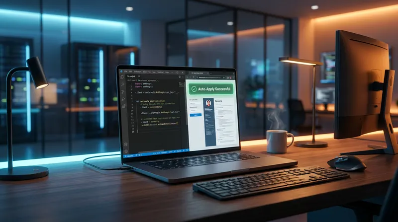 A laptop on a wooden desk displaying Python code using the Claude API next to a job application with a green "Auto-Apply Successful" status in a dimly lit, modern workspace.
