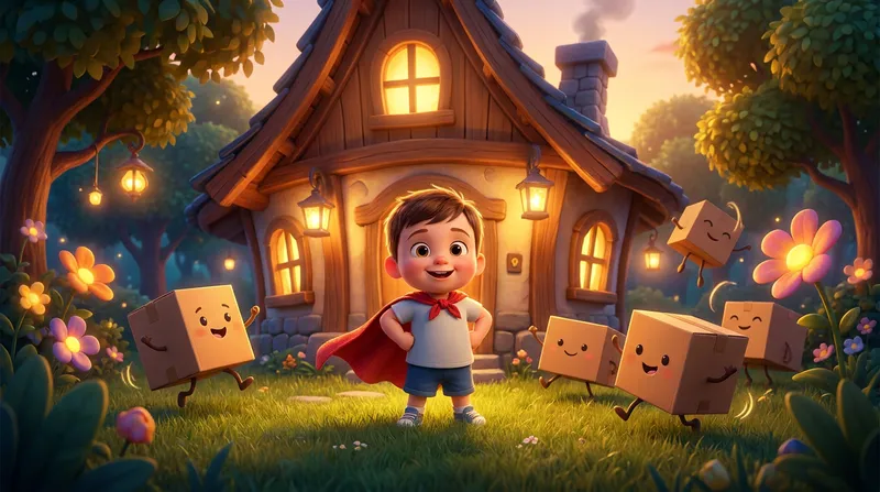 Whimsical Pixar-style illustration of a brave toddler boy in a red superhero cape standing outside a cozy new house with friendly, dancing moving boxes.