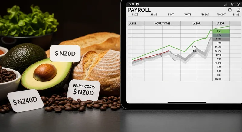 A conceptual image showing the 'prime cost squeeze' with high-priced ingredients like avocados on one side and a payroll document showing rising labor costs on the other.