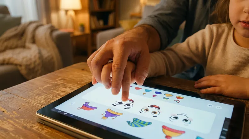 Ultra close-up of a parent and child's interlocked hands collaboratively guiding a finger on a tablet screen, which displays a vibrant character creation interface with customizable emotional expressions, fostering empathy and shared storytelling in a warm, blurred living room.