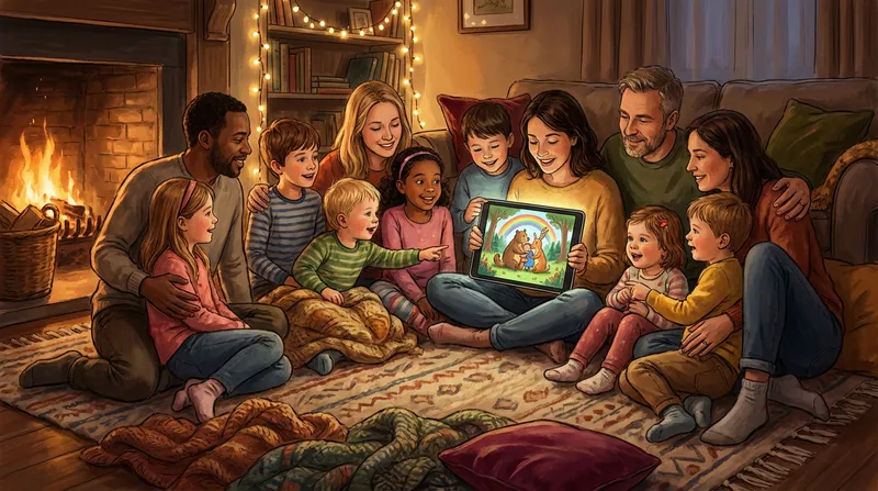 A diverse group of parents and children, bathed in the warm glow of a fireplace and fairy lights, are cozily gathered on a plush rug, captivated by a tablet displaying a vibrantly illustrated story about kindness and friendship. Children's faces show wonder and excitement, while parents smile gently, sharing a moment of deep connection and emotional discovery through storytelling. The image has a soft, painterly, storybook aesthetic.