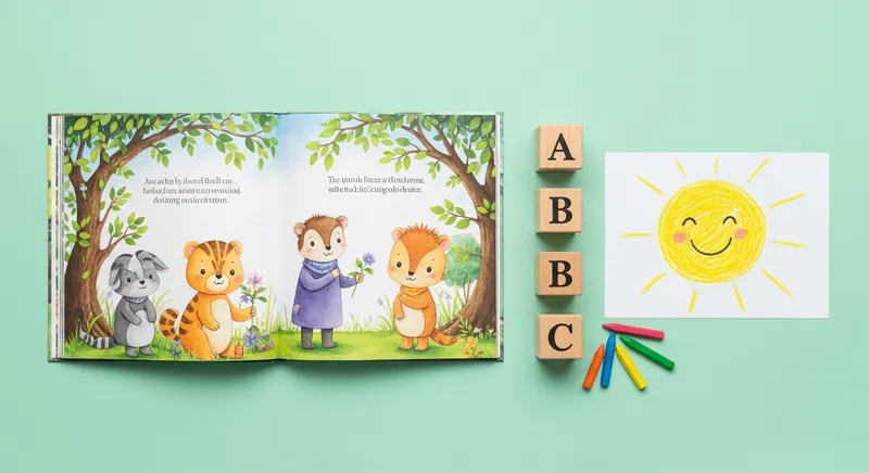 An open children's storybook featuring colorful watercolor animal illustrations, arranged with wooden ABC blocks and crayons on a mint green background for kids' short stories.