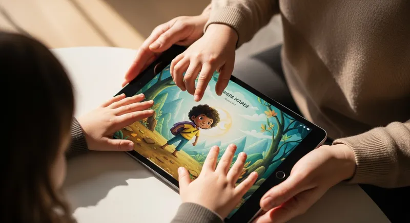 Close-up of a parent and child using an AI story generator app like Dreamcraft Tale on a tablet to create a personalized story.
