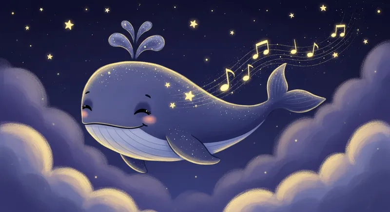 A whimsical, hand-painted illustration of Nimbus the Sky Whale floating through a starry indigo night sky, surrounded by golden stardust musical notes and soft clouds.