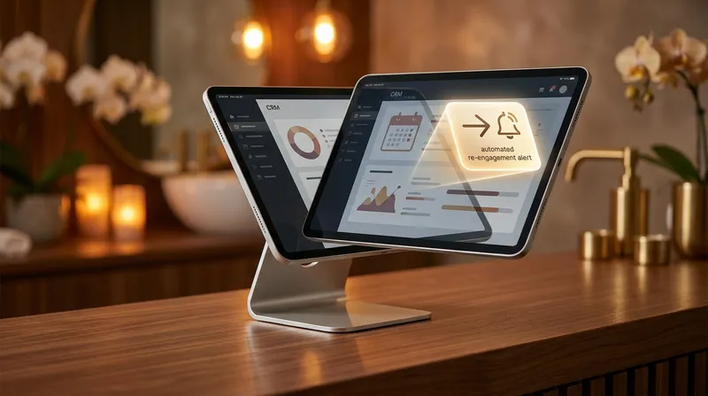 A sleek iPad POS system on a salon counter displaying a customer management dashboard.