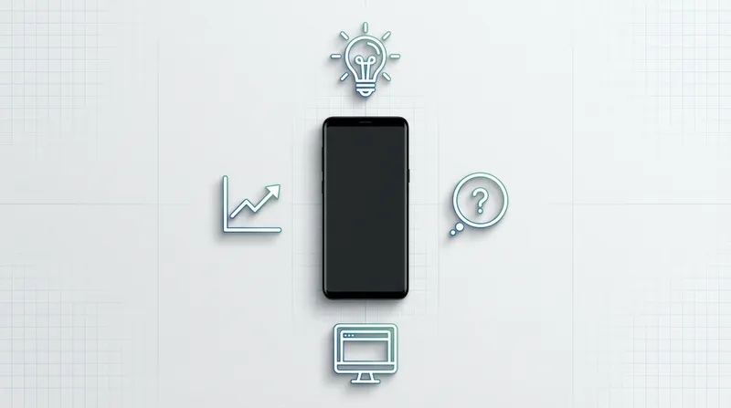 A modern smartphone centered in a flat-lay, surrounded by minimalist icons: a radiant lightbulb for innovative teaching, an upward-trending graph for diverse math topics, a thought bubble for step-by-step problem solving, and a monitor for multi-device platform availability, representing advanced math education tools.