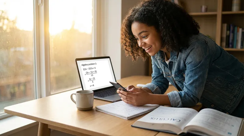 A high school student experiences an 'aha!' moment of understanding and relief, smiling as they view a step-by-step mathematical solution on a smartphone. They are seated at a modern desk with a laptop, notebook, and textbook, illuminated by warm golden hour light.