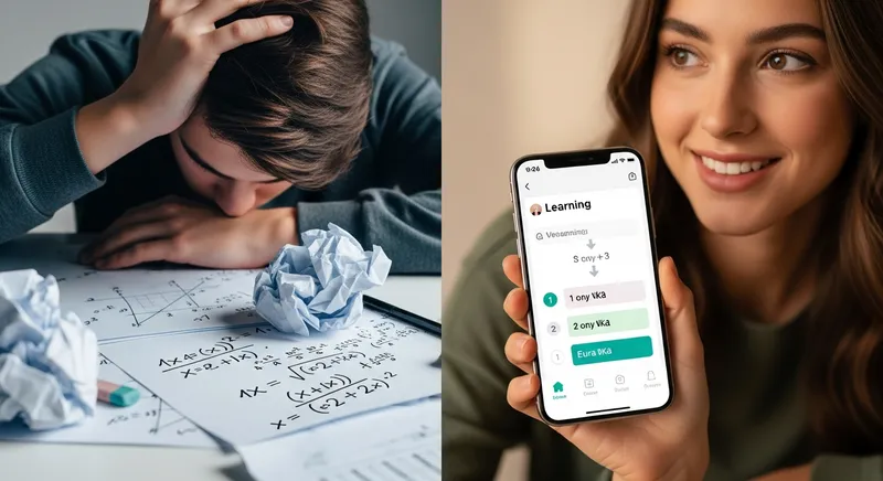 A split-screen comparison showing a frustrated student struggling with messy calculus notes under cool lighting versus the same student looking relieved while using a modern math solver app that displays clear, step-by-step solutions on a smartphone under warm, vibrant lighting.