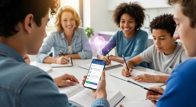 A diverse group of students and a parent at a sunlit kitchen table, where a teenager uses a smartphone math learning app to solve a textbook problem, featuring a holographic lightbulb symbolizing a breakthrough in understanding.