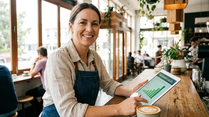 A smiling cafe owner reviews rising sales data on an iPad next to a flat white coffee in a modern, sun-drenched New Zealand cafe.
