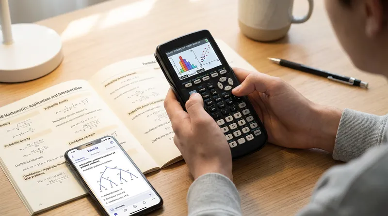 A student studying IB Math AI (Applications and Interpretation) with a graphing calculator, an open formula booklet, and a smartphone displaying the Tutor AI math solver app.