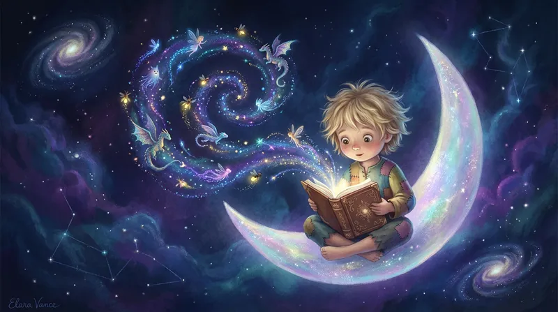 A whimsical storybook illustration of a wide-eyed child with soft hair sitting on a glowing crescent moon, engrossed in an illuminated book. From the book, a vibrant cascade of fae, sprites, and stardust dragons swirls into a cosmic sky filled with indigo, lavender, nebulae, and twinkling stars, creating a dreamlike scene of pure magic and wonder.