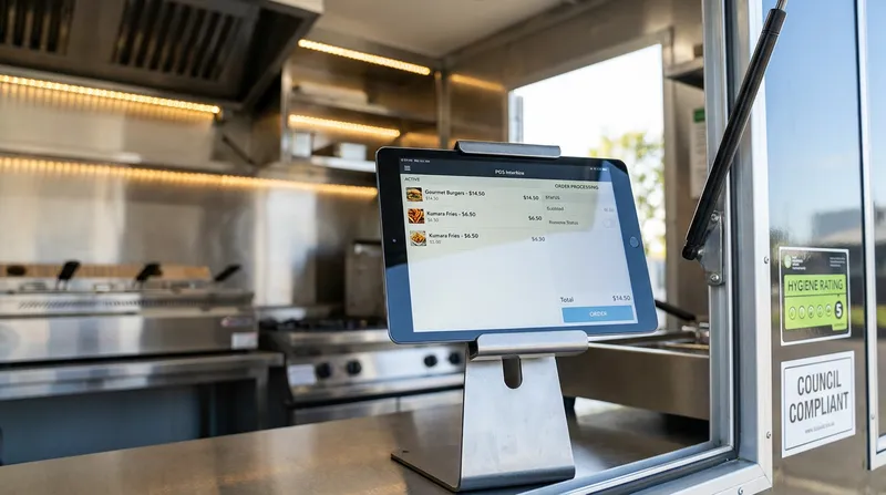 Lazygrid POS interface showing food truck menu items and NZD pricing on iPad.
