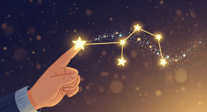Whimsical children's book illustration of a child's hand tracing the glowing Big Dipper constellation with a shimmering trail of stardust against a deep indigo night sky.