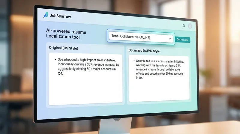 A computer monitor displaying the JobSparrow AI resume localization tool, featuring a side-by-side comparison of an individualistic US-style resume bullet point and an optimized, collaborative AU/NZ-style rewrite.