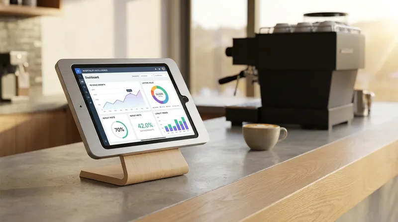 Lazygrid POS analytics dashboard displaying customer loyalty data and sales reports on an iPad in a New Zealand cafe.
