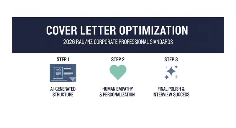 A minimalist three-step infographic illustrating the 2026 AU/NZ cover letter optimization process: Step 1 (AI-Generated Structure), Step 2 (Human Empathy & Personalization), and Step 3 (Final Polish & Interview Success).