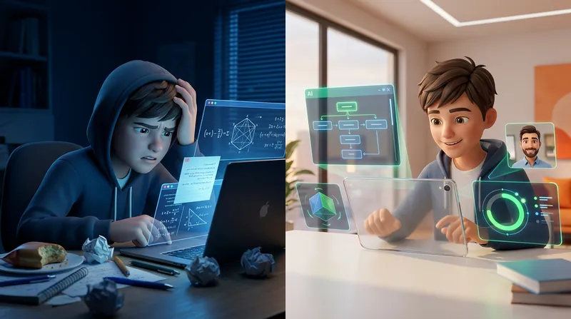 Split-screen 3D illustration contrasting a student struggling with math homework against one confidently learning with an interactive AI math solver.