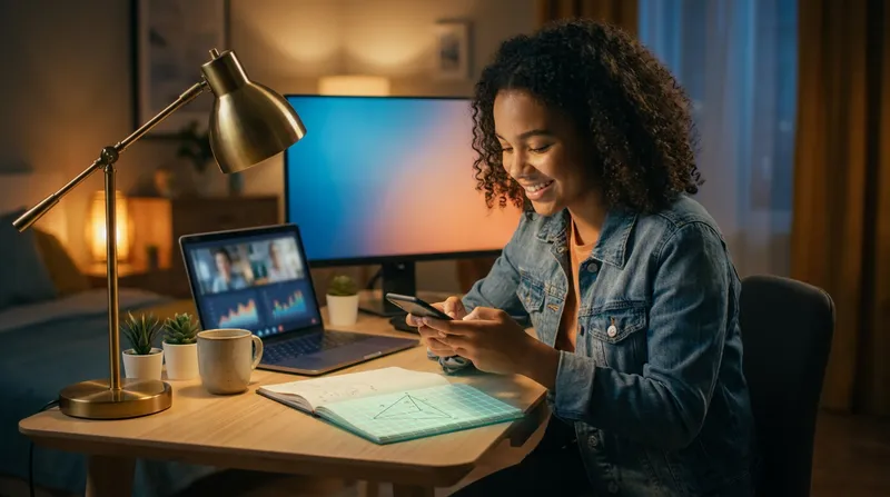 High school student using a smartphone app to scan a math diagram in a notebook beside a laptop with an online tutoring session.