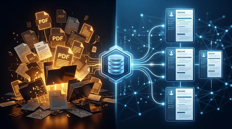 Split-screen contrasting cluttered document icons with a sleek database node generating tailored resumes.
