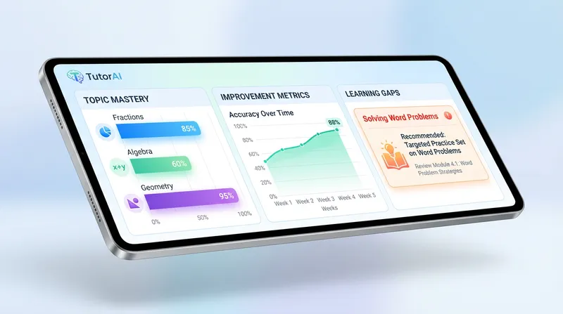 TutorAI parent dashboard showing topic mastery chart, improvement metrics graph, and learning gaps section