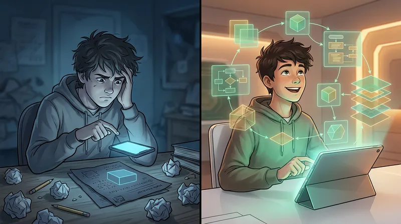 Split-screen illustration contrasting a frustrated student receiving an unhelpful flat answer from a math scanner app on the left, with an empowered student understanding concepts through interactive, glowing step-by-step visuals on an AI tablet on the right.