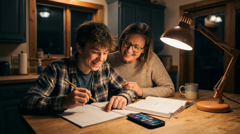A smiling teenager and parent reviewing step-by-step algebra solutions in a notebook alongside an educational math app on a smartphone.
