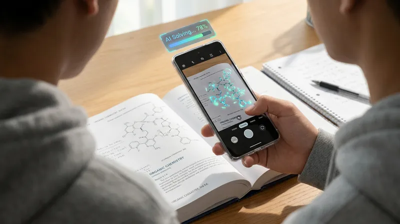 Student using a chemistry AI picture solver app to analyze a molecular structure in a textbook.