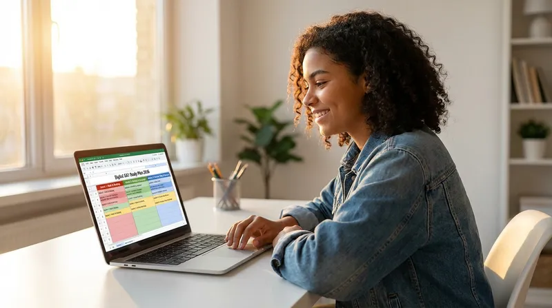 High school student reviewing Digital SAT study plan template on laptop