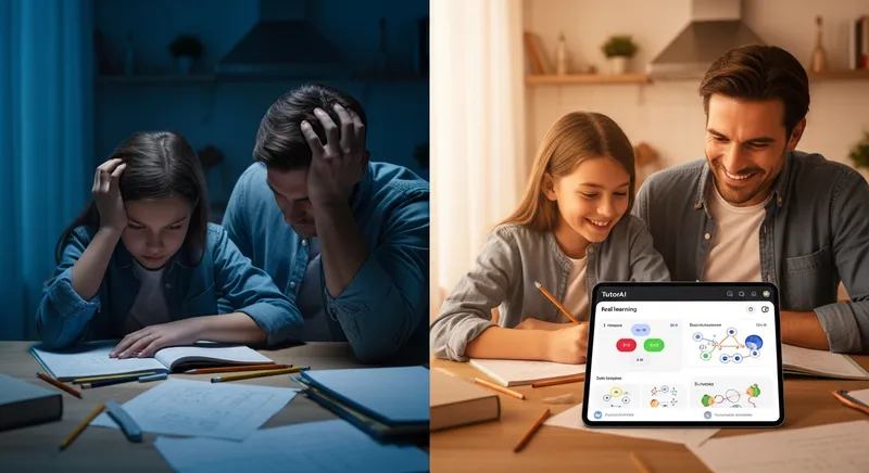 A split-screen comparison showing a frustrated parent and child struggling with paper math homework in a dim room versus the same pair smiling and collaborating using the intuitive TutorAI tablet interface in a warm, brightly lit kitchen.