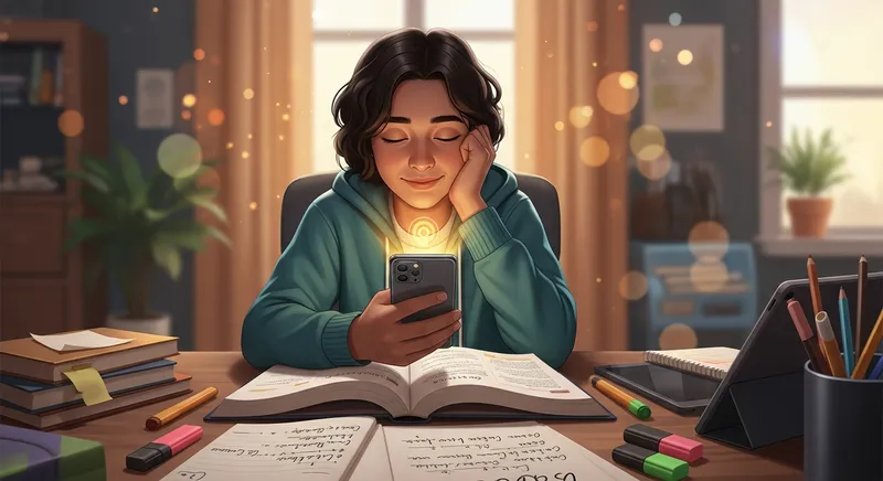 A diverse teenage student in a cozy, modern study space uses a smartphone to help solve a calculus textbook problem, looking empowered and relieved with a warm, intelligent glow reflecting on their face.