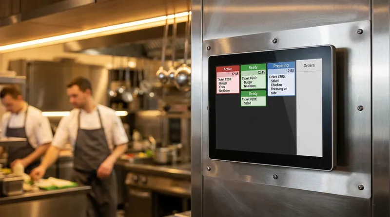 The Lazygrid POS Kitchen Display System (KDS) interface showing color-coded digital order tickets, modifiers, and prep timers, mounted on a stainless steel wall in a busy New Zealand restaurant kitchen.