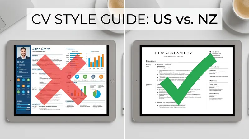 Side-by-side comparison of a cluttered, colorful resume crossed out with a red X, and a clean, professional New Zealand CV format marked with a green checkmark.