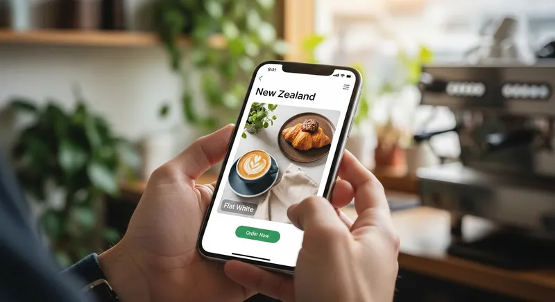 Close-up of a customer using a mobile online ordering system at a New Zealand cafe, featuring a vibrant app interface with a coffee and pastry against a cozy, sunlit small business interior.